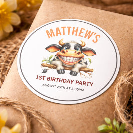 Cute Crazy Cow Farm Theme 1st Birthday Runt Klistermärke