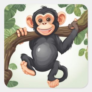 Cute Crazy Funny Chimpanzee Tecknad Fyrkantigt Klistermärke
