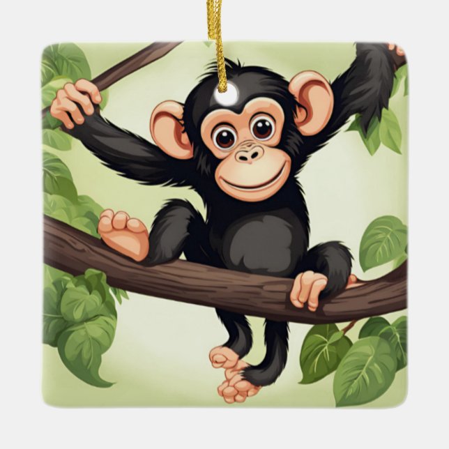 Cute Crazy Funny Chimpanzee Tecknad Julgransprydnad Keramik (Framsida)