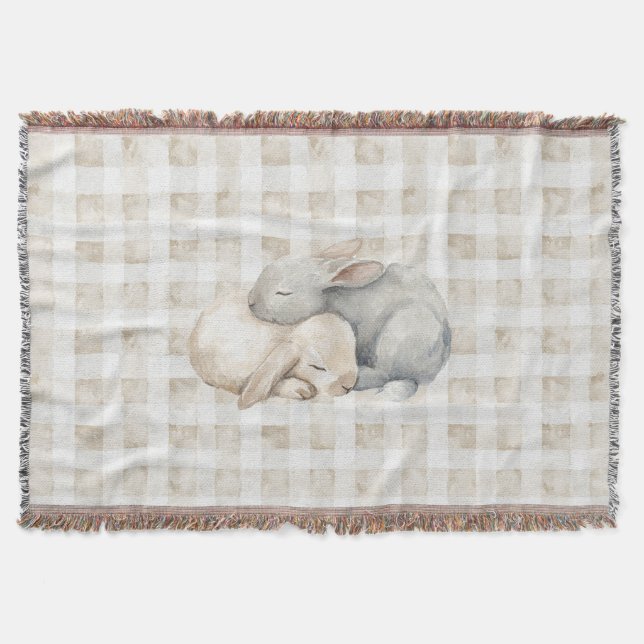 Cute Cream Grey Sleeping Bunnies Plaid Filt (Framsidan)