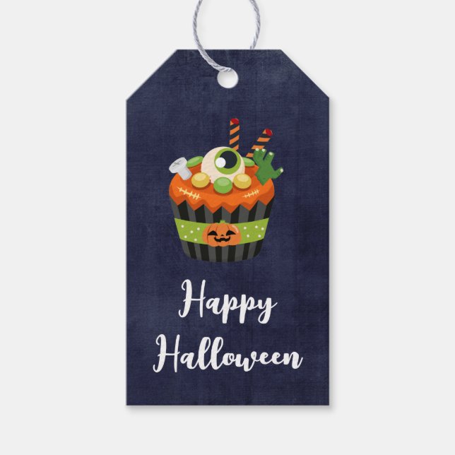 Cute & Creepy Halloween Cupcoa med en Big Eyeball Presentetikett (Framsidan)
