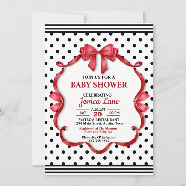 Cute Crimson Bow Baby Shower Invitation Inbjudningar (Framsida)