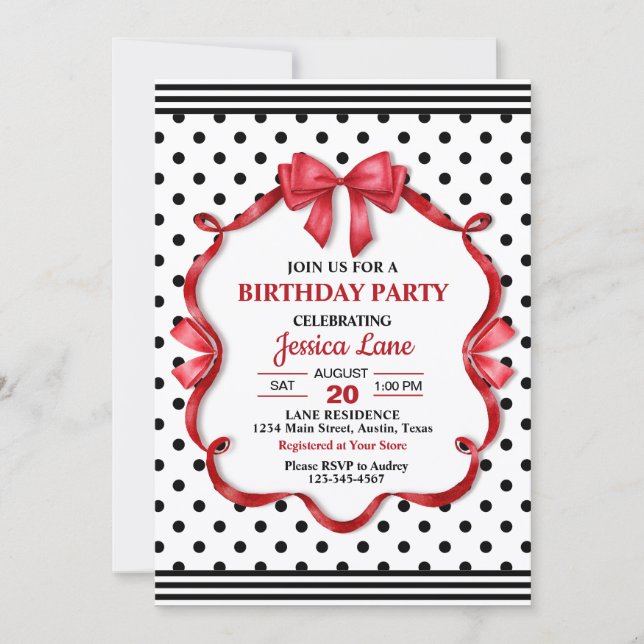 Cute Crimson Bow Birthday Invitation Inbjudningar (Framsida)