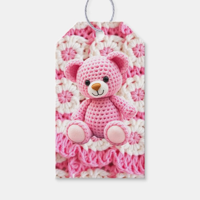 Cute Crocheted Teddy Bear Girl's Baby Shower Presentetikett (Framsidan)