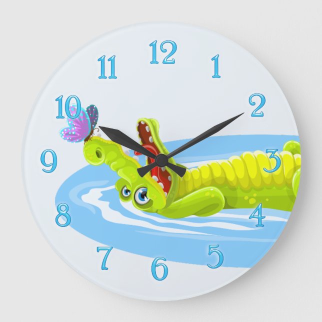 Cute crocodile och butterfly tecknad wall klocka (Framsida)