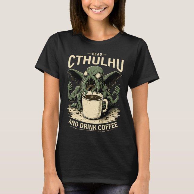 Cute Cthulhu and Coffee T Shirt (Framsida)