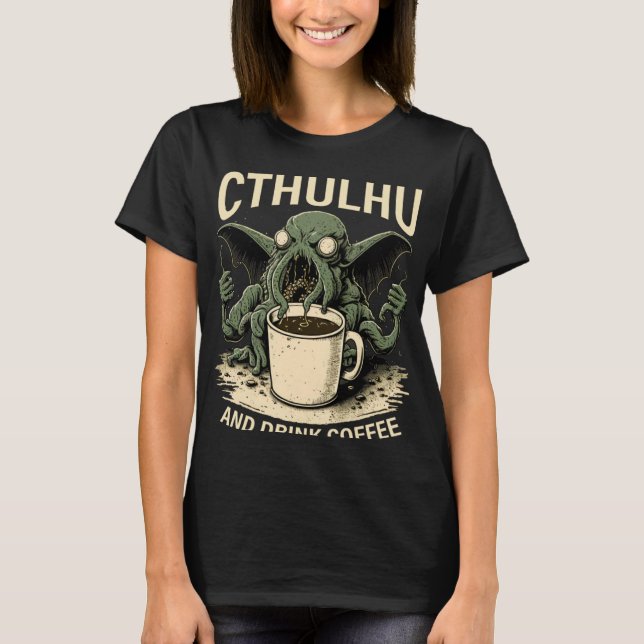 Cute Cthulhu och kaffe T Shirt (Framsida)