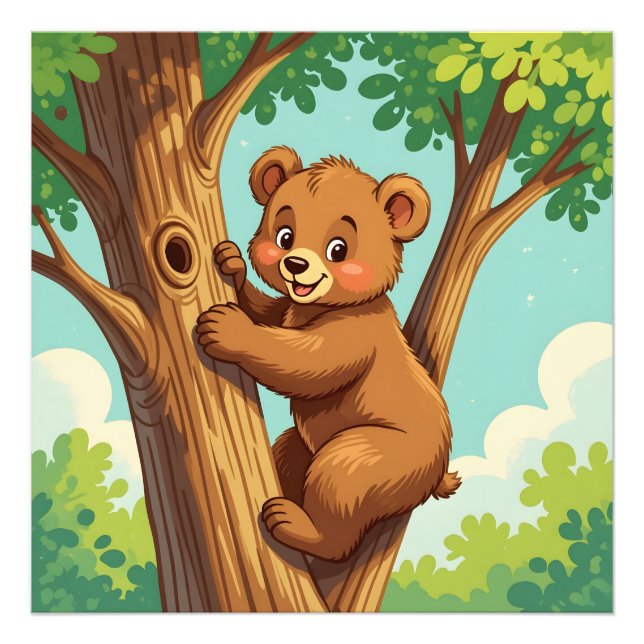 Cute cub bear climbing a tree fototryck (Framsidan)