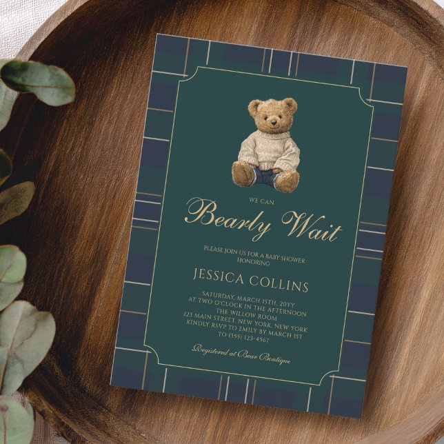 Cute Cub Blue Green We Can Bearly Wait Baby Shower Inbjudningar (Cute Cub Blue Green We Can Bearly Wait Baby Shower Invitation)