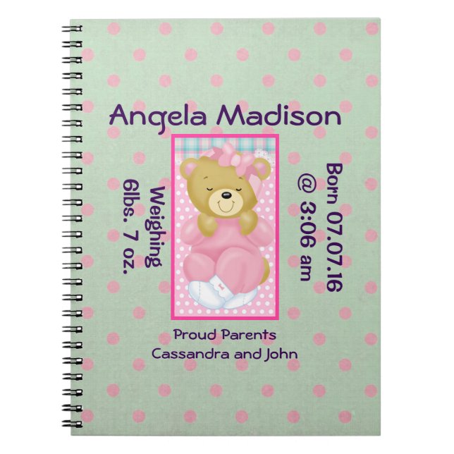 Cute Cudly Bear, tryckt i Rosa Nyfödd bebis Diary Anteckningsbok (Framsidan)