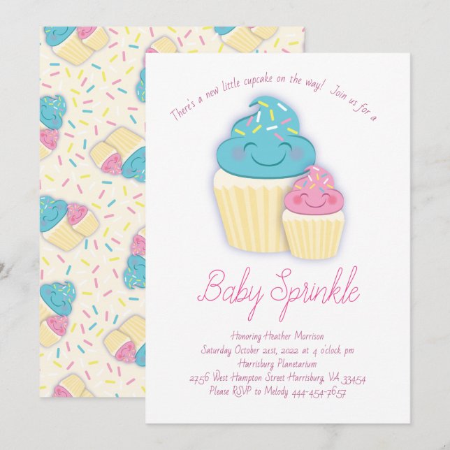 Cute Cupaka Sprinkle Shower Baby Inbjudningar (Fram/baksida)