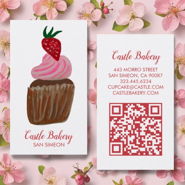CUTE CUPCAKE Bakery Pastry Chef Modern QR-kod Visitkort (Pink strawberry watercolor cupcake on this custom business card with QR code)