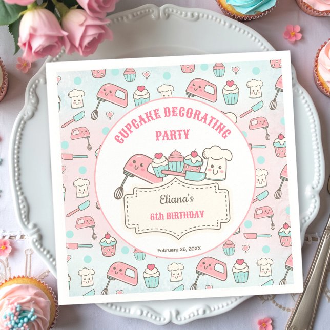 Cute Cupcoa Decoration Party Baking Girl Birthday Pappersservett (Cute Cupcake Decorating Party Baking Girl Birthday Napkins)
