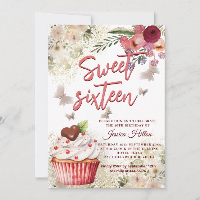 Cute cupcoa Vår Butterfly boho blommigt söt 16 Inbjudningar (Framsida)