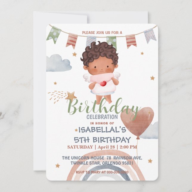 Cute Cupid afro boys Balloon valentine Birthday Inbjudningar (Framsida)