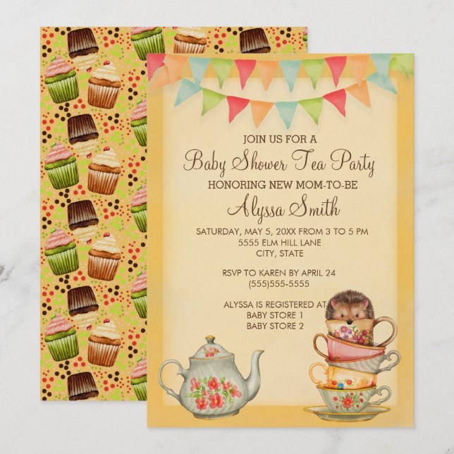 Cute Cupkaka Baby Shower Tea Party-inbjudan Inbjudningar (Fram/baksida)