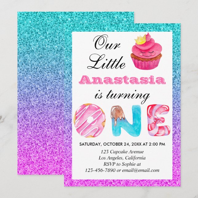 Cute Cupkaka Blue Lila Glitter 1:a födelsedag 1 Inbjudningar (Fram/baksida)