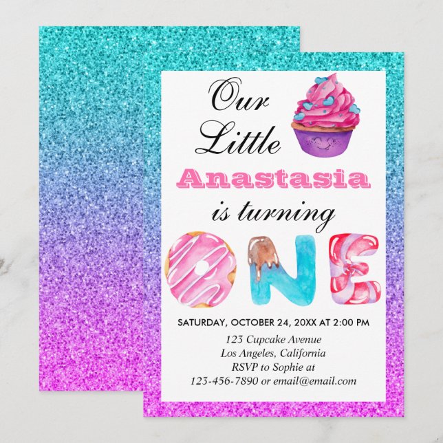 Cute Cupkaka Blue Lila Glitter 1:a födelsedag 1 Inbjudningar (Fram/baksida)