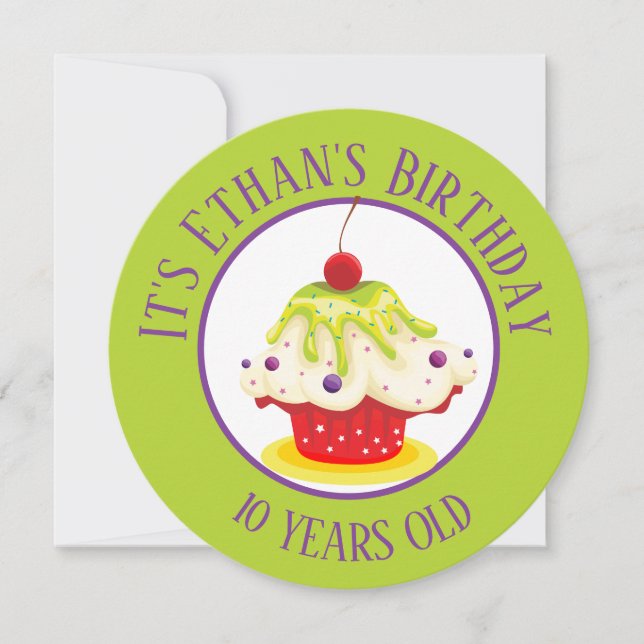 Cute Cupkaka Bright Grönt Barns födelsedag Inbjudningar (Framsida)