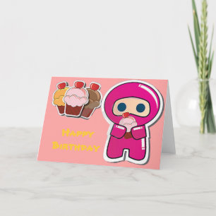 Cute Cupkaka Ninja- Rosa- födelsedagskort Kort