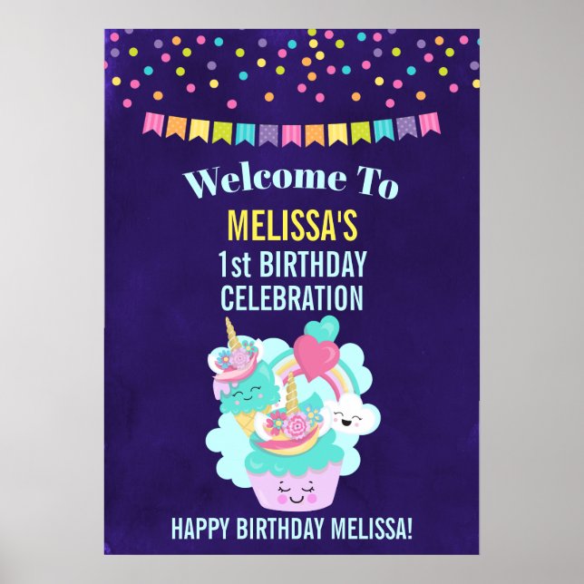 Cute Cupkaka och Lycklig Ice Cream Birthday Poster (Framsidan)