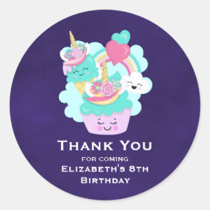 Cute Cupkaka och Lycklig Ice Cream Birthday Runt Klistermärke