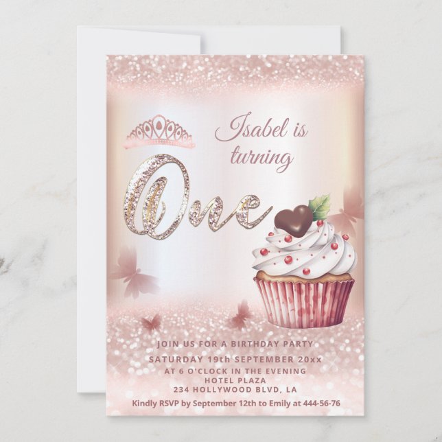 Cute Cupkaka Ro guld glitti butterfly tiara Inbjudningar (Framsida)