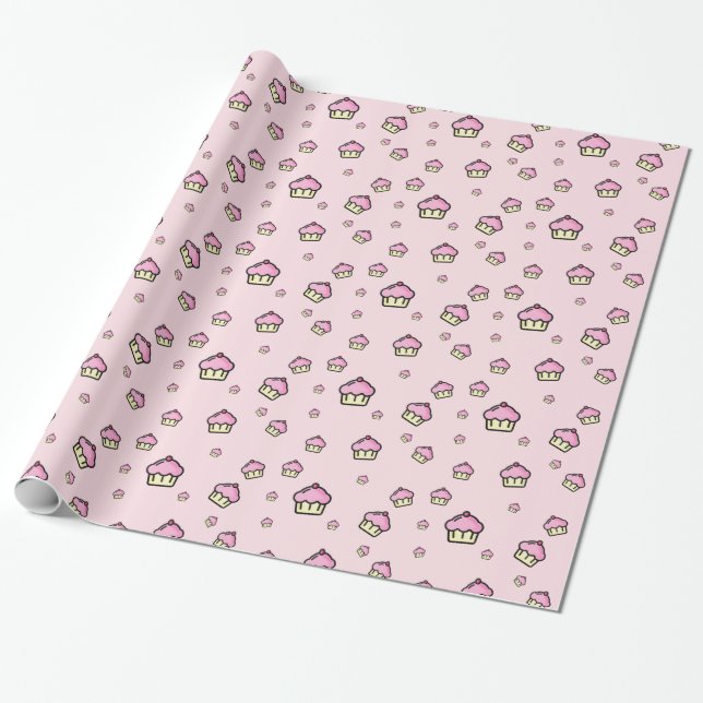 Cute cuptårta mönster Rosa Glossy Wrappy Papper Presentpapper (Utrullad)