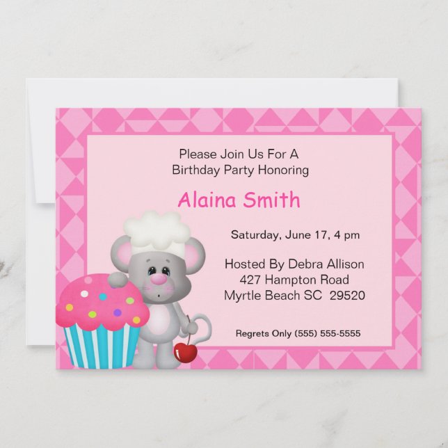 Cute Cuptårta Mouse Birthday-inbjudan Inbjudningar (Framsida)