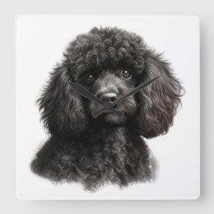 CUTE CURLY HAIRED BLACK PUDEL HUND FYRKANTIG KLOCKA