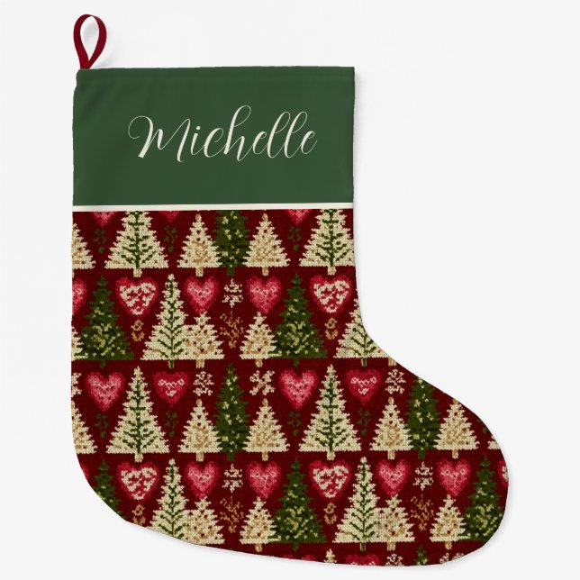 Cute Custom Knitted Style Christmas Trees Pattern  Stor Julstrumpa (Framsidan)