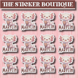 Cute Custom Name Adorable Axolotl Boba Tea Klistermärken