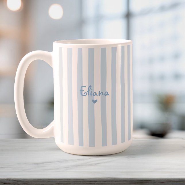 Cute Custom Name Light Blue Stripes Girly Kaffemugg (Skapare uppladdad)