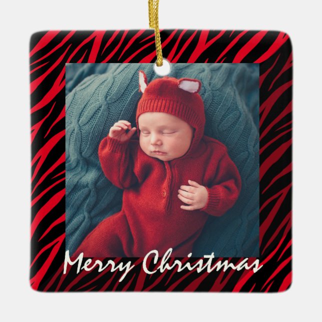 Cute Custom Name och Photo Red Zebra jul Julgransprydnad Keramik (Framsida)
