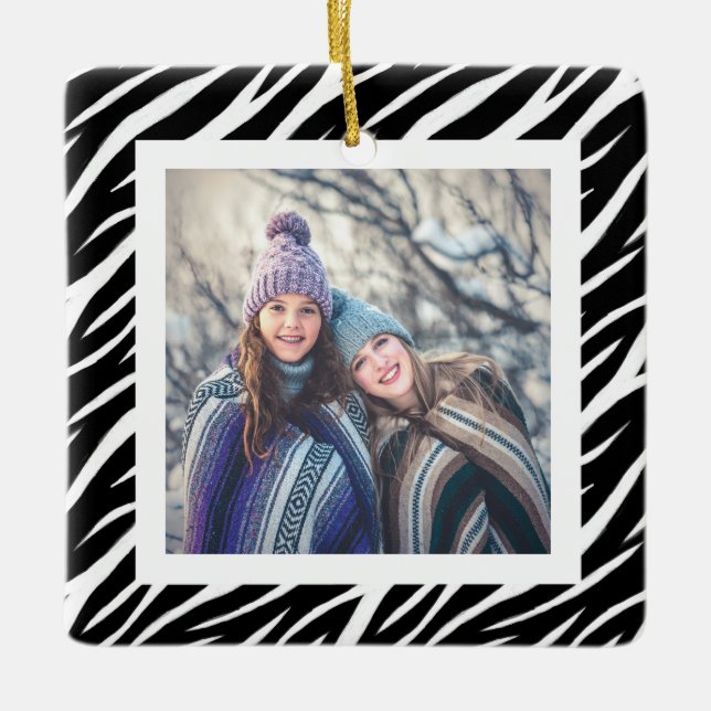 Cute Custom Name Photo Black White Zebra jul Julgransprydnad Keramik (Framsida)