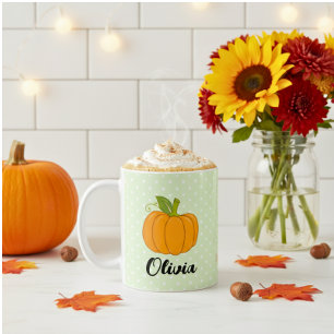 Cute Custom Name Polka Dot and Pumpkin Kaffemugg