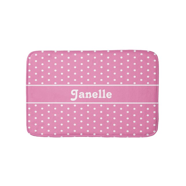 Cute Custom Name Polka Dot Rosa and White Badrumsmatta (Framsidan)