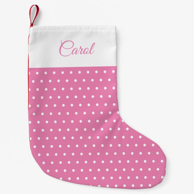 Cute Custom Name Rosa and White Polka Dot Liten Julstrumpa (Framsidan)