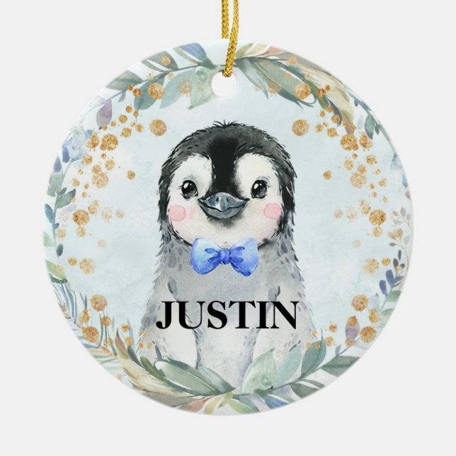 Cute Custom Name Watercolor Penguin Greenery Julgransprydnad Keramik (Framsidan)