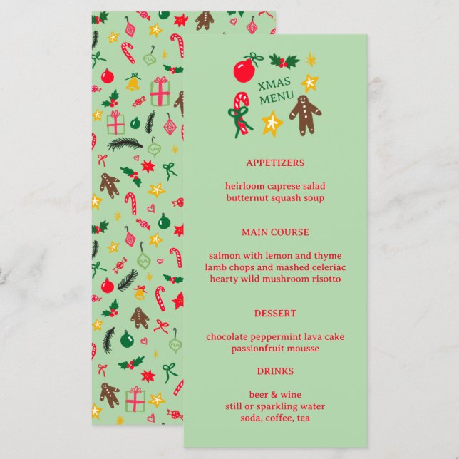 Cute CUSTOM XMAS Christmas Holiday Dinner Party Meny (Fram/baksida)