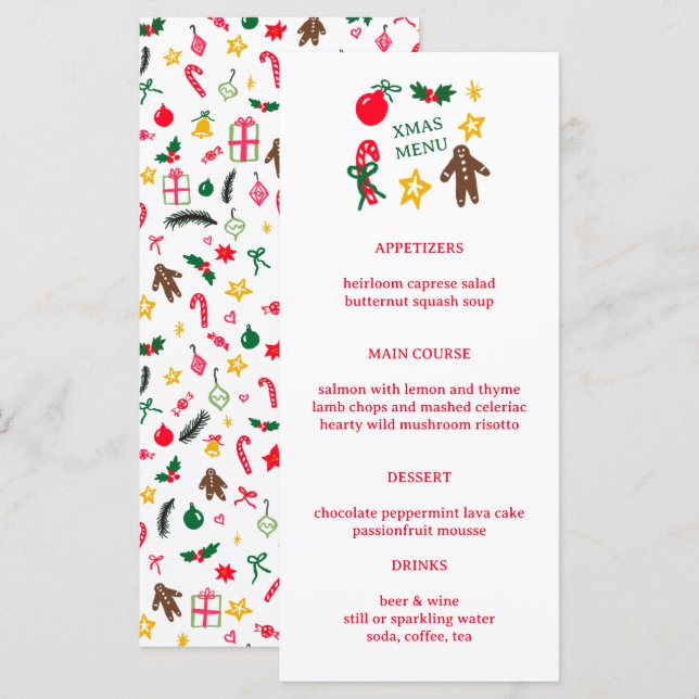 Cute CUSTOM XMAS Christmas Holiday Dinner Party Meny (Fram/baksida)