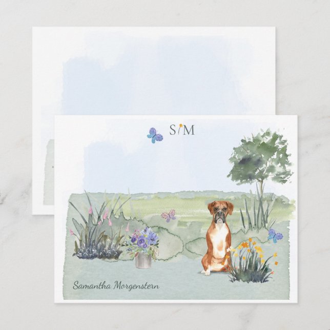 Cute Cute Boxer Hund Butterfly Monogram och Namn Anteckningskort (Fram/baksida)