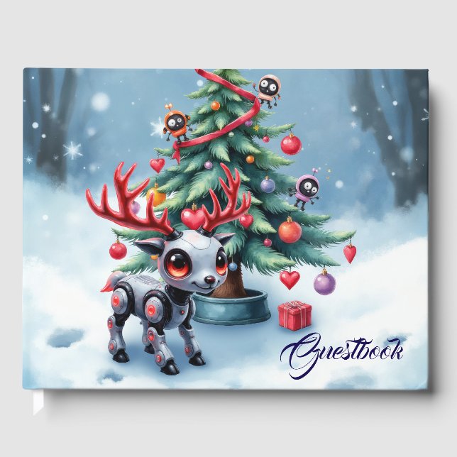 Cute Cyberpunk Reindeer med Julgran Gästböcker (Framsida)
