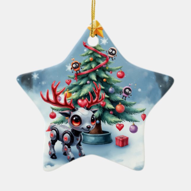 Cute Cyberpunk Reindeer med Julgran Julgransprydnad Keramik (Framsidan)