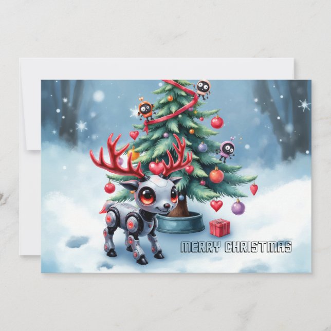 Cute Cyberpunk Reindeer med Julgran Julkort (Framsida)