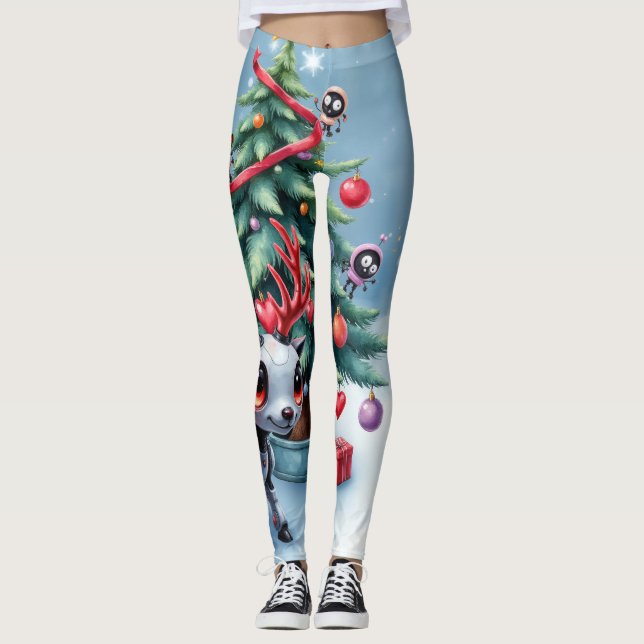 Cute Cyberpunk Reindeer med Julgran Leggings (Framsida)