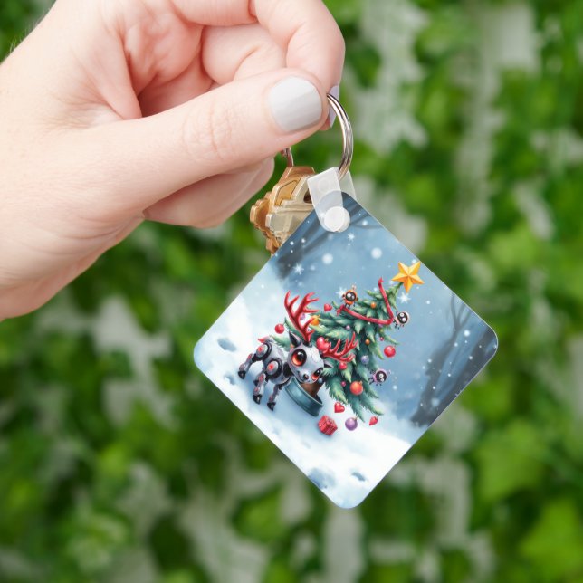 Cute Cyberpunk Reindeer med Julgran Nyckelring (Hand)