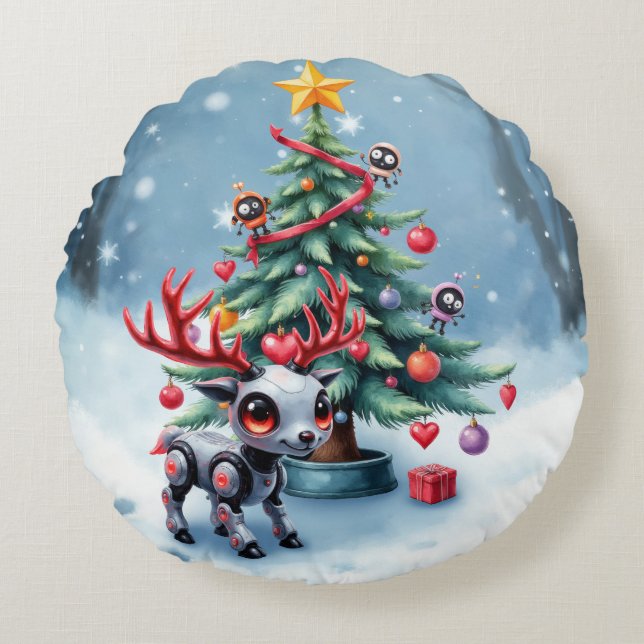 Cute Cyberpunk Reindeer med Julgran Rund Kudde (Framsidan)