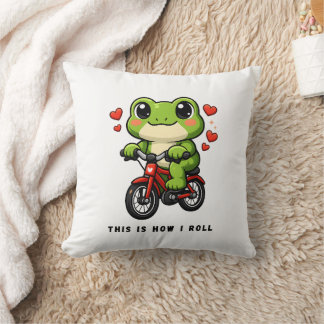 Cute Cycling Frog | Kawaii Frog Bicycle Art Kudde