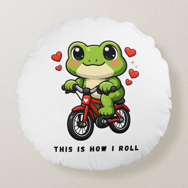 Cute Cycling Frog | Kawaii Frog Bicycle Art Rund Kudde (Framsidan)